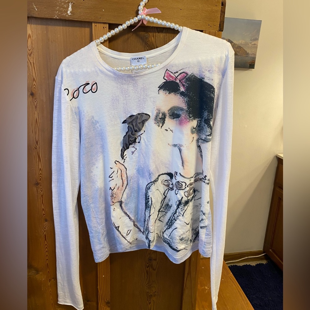 Authentic Coco Chanel long sleeved thin blue pink smoking shirt size 46